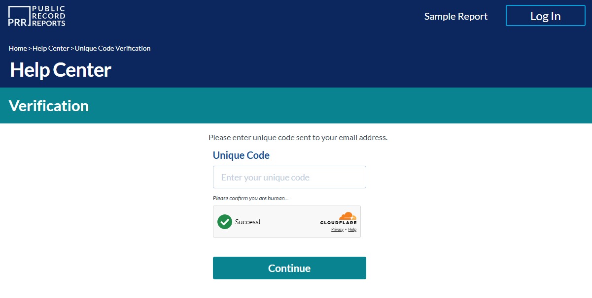 The Verification page on Public Record Reports asking for the unique code sent by email, above a Cloudflare check and a Continue button.