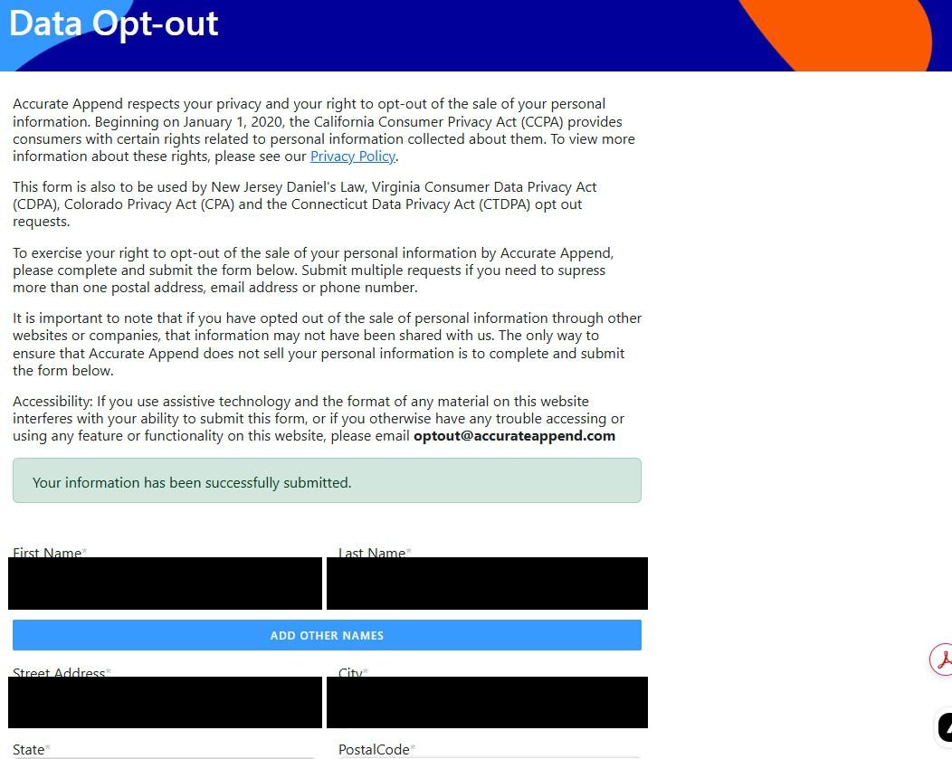 Top of the Accurate Append 'Data Opt-out' page after a successful submission. Heading 'Data Opt-out' on a blue and orange branded header. Intro paragraphs explain Accurate Append respects privacy under CCPA (effective January 1, 2020) and that the same form is used for New Jersey Daniel's Law, Virginia CDPA, Colorado CPA, and Connecticut CTDPA opt-out requests. Note that multiple submissions are needed for multiple addresses, emails, or phones. Accessibility email shown as optout@accurateappend.com. Below the intro sits a green confirmation banner reading 'Your information has been successfully submitted.' Below the banner the form fields are visible at top, with the submitted details blacked out.