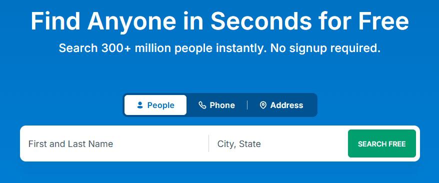 The Veripages homepage search, with People, Phone and Address tabs above a First and Last Name box, a City, State box and a green SEARCH FREE button.