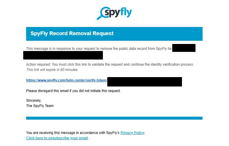 SpyFly's second Record Removal Request email saying action is required and giving a validation link that expires in 60 minutes, with the name and link covered