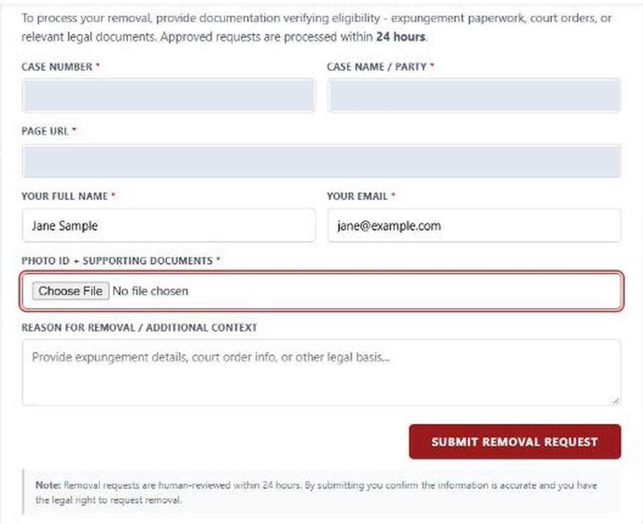 Removal form with a sample name and email entered and the Photo ID and Supporting Documents upload outlined in red