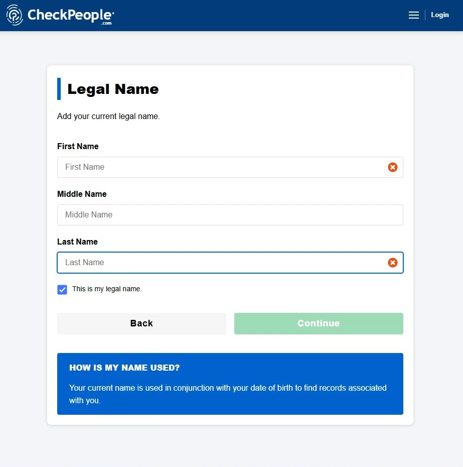 CheckPeople's Legal Name screen with first, middle and last name fields