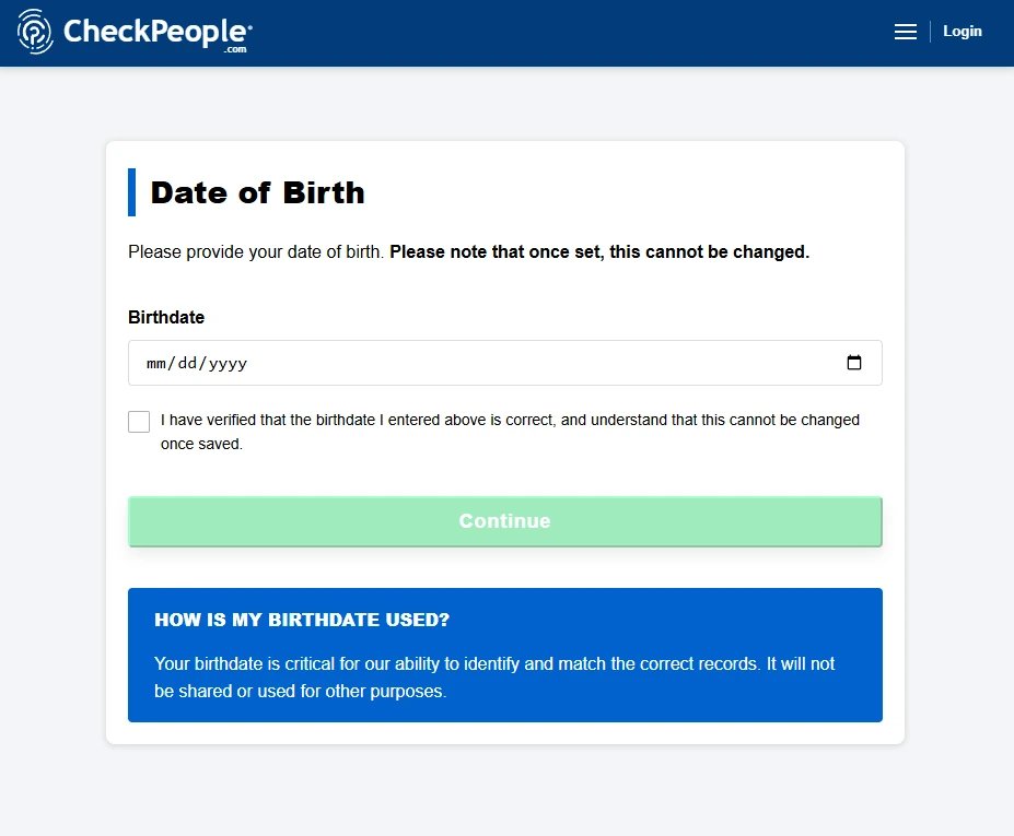 CheckPeople's Date of Birth screen stating that the birthdate cannot be changed once set