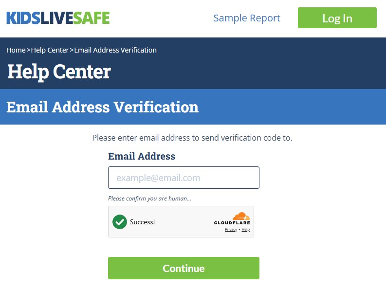 Kids Live Safe's Email Address Verification page with a single box for the address, the Cloudflare tick and Continue.