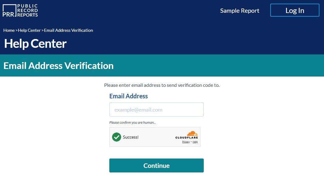 The Email Address Verification screen on Public Record Reports asking for an address to send a verification code to, with a Cloudflare check and a Continue button.