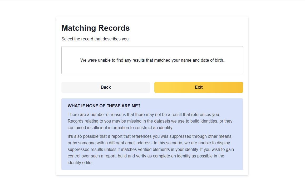Information.com's Matching Records screen reading 'We were unable to find any results that matched your name and date of birth' above Back and Exit buttons