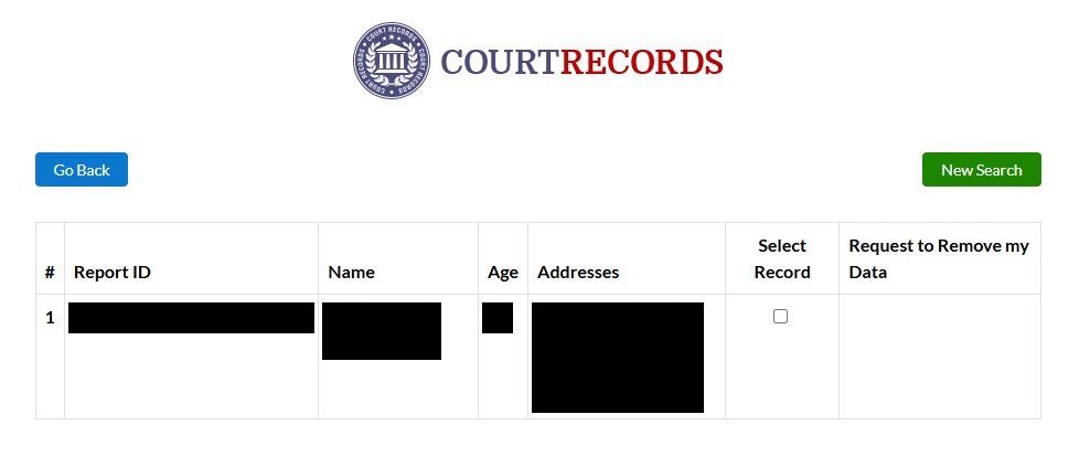 CourtRecords results table listing a matching record with Report ID, name, age and addresses, a Select Record checkbox, and a Request to Remove my Data column