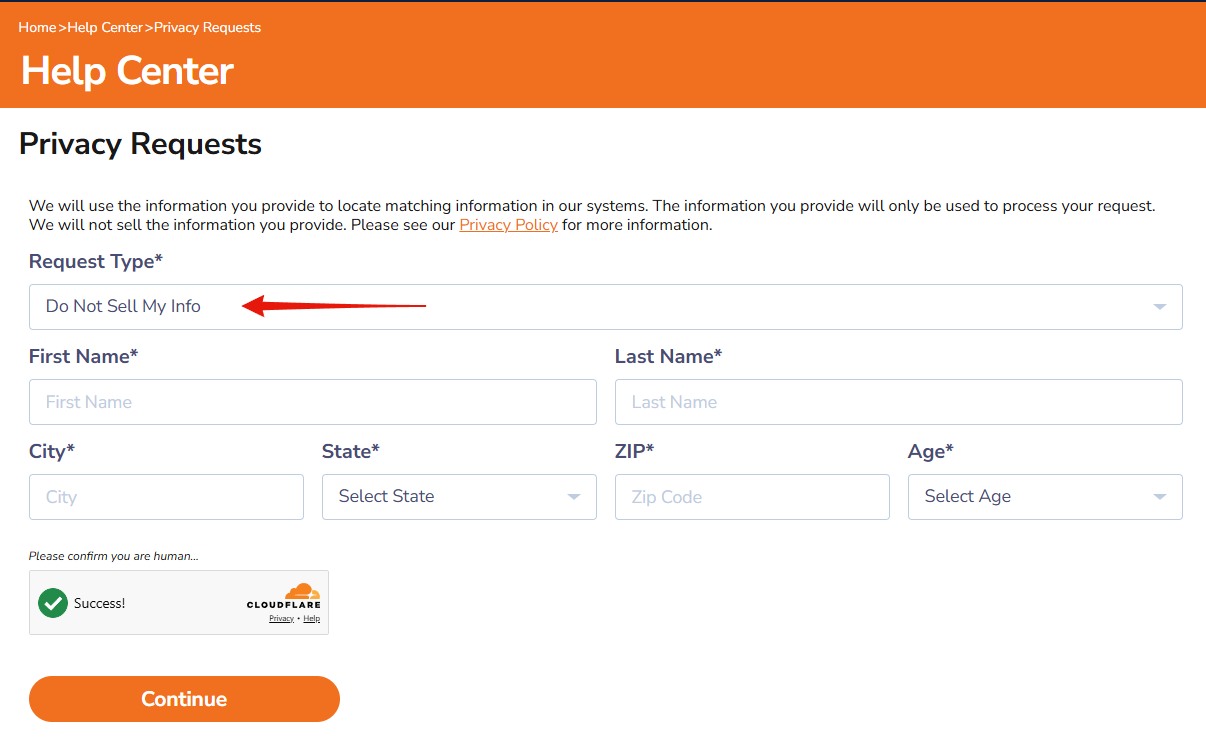 The orange Privacy Requests screen on QuickPublicRecords. A red arrow points at the request-type dropdown, which reads Do Not Sell My Info, and empty starred fields for the person's details sit under it above a cleared human check and an orange Continue button.