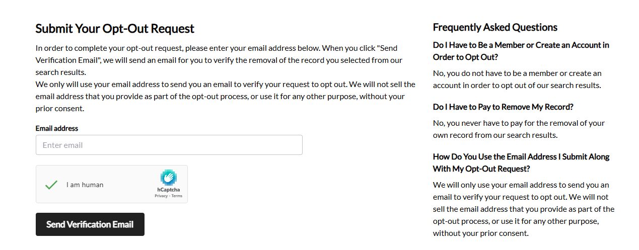PeopleSmart's 'Submit Your Opt-Out Request' page with an email address field, an hCaptcha 'I am human' checkbox showing a green tick, a black 'Send Verification Email' button, and an FAQ panel confirming no account or payment is needed.