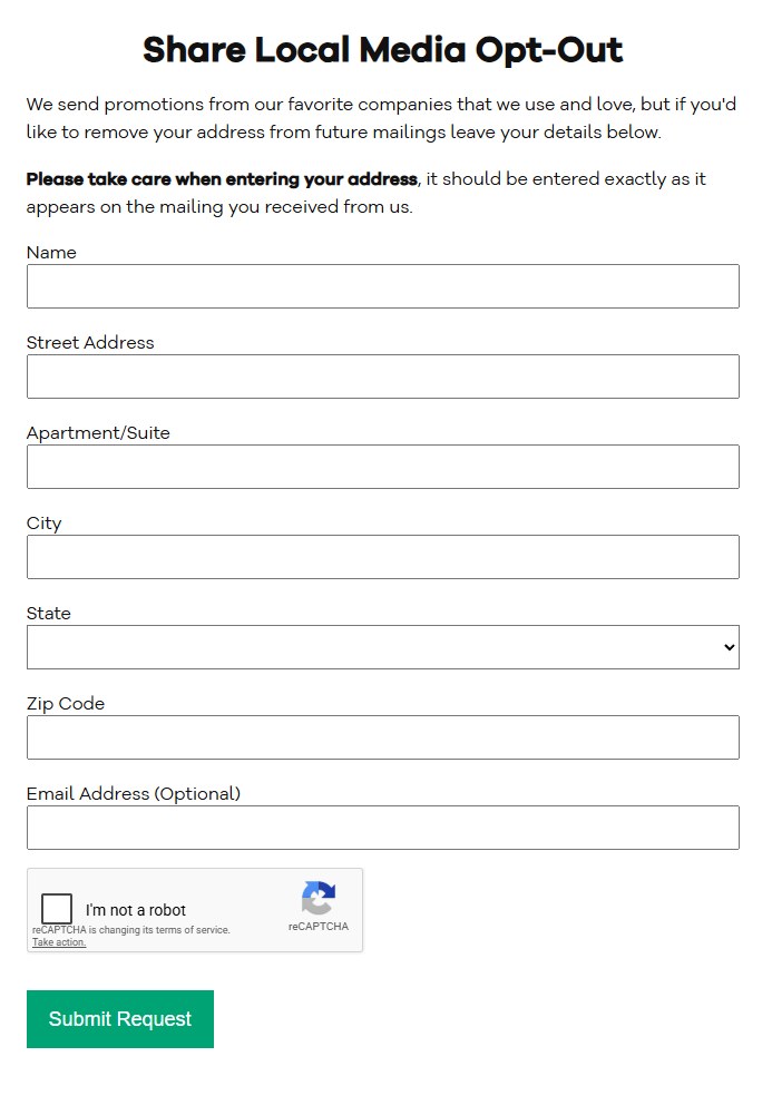 Share Local Media Opt-Out form with fields for name, street address, apartment or suite, city, state, zip code and an optional email address, a reCAPTCHA checkbox, and a Submit Request button