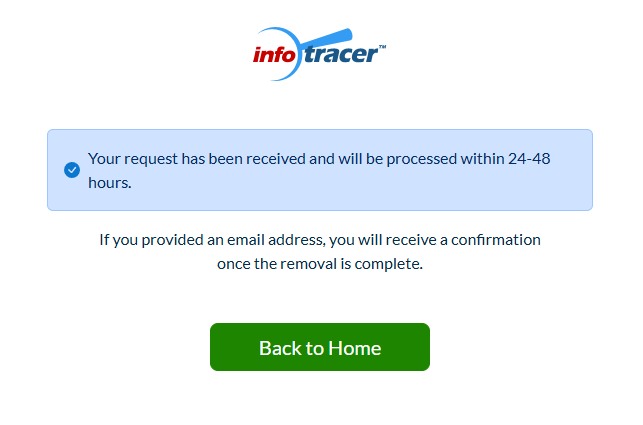 The closing screen, acknowledging the request and putting a 24 to 48 hour window on it