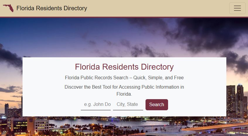 Florida Residents Directory's homepage with a name field, a city-state field, and a Search button