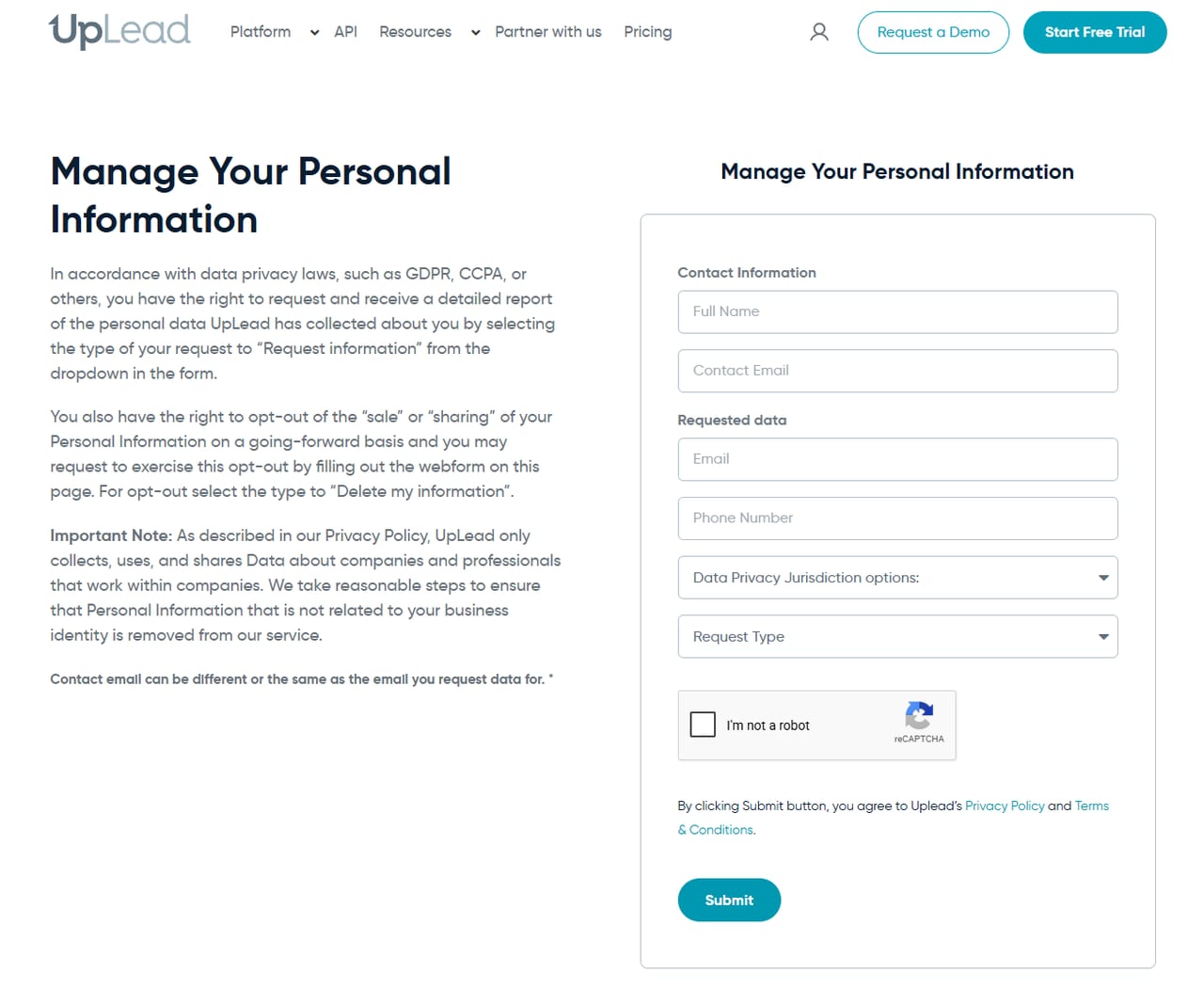 UpLead's Manage Your Personal Information page. Explanatory text on the left describes which request type to select, and a boxed form on the right holds Full Name, Contact Email, Email, Phone Number, a Data Privacy Jurisdiction dropdown, a Request Type dropdown, a reCAPTCHA and a Submit button.