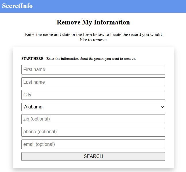 The SecretInfo opt-out search, asking who to look for and where