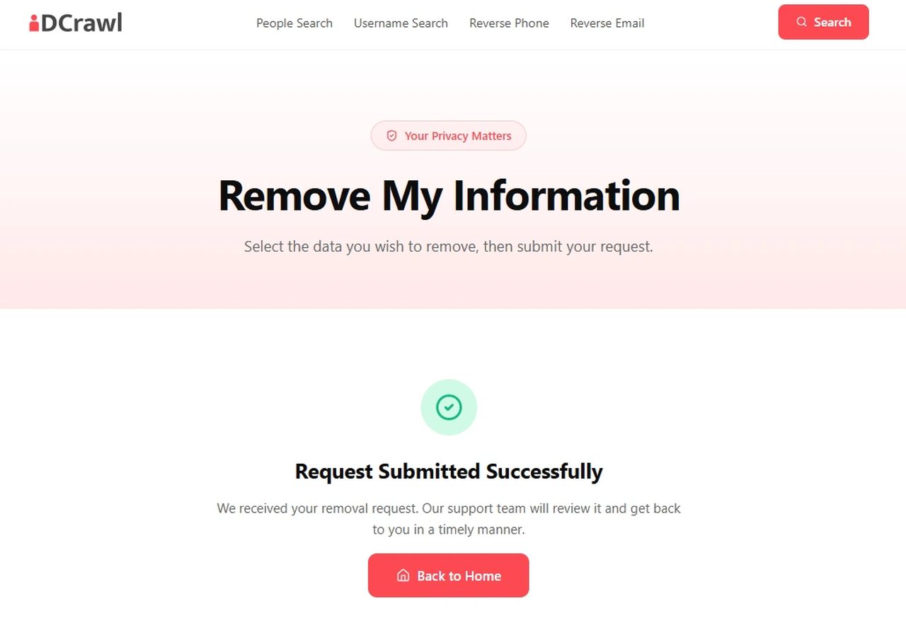 IDCrawl's confirmation screen reading Request Submitted Successfully, with a line saying its support team will review the request.