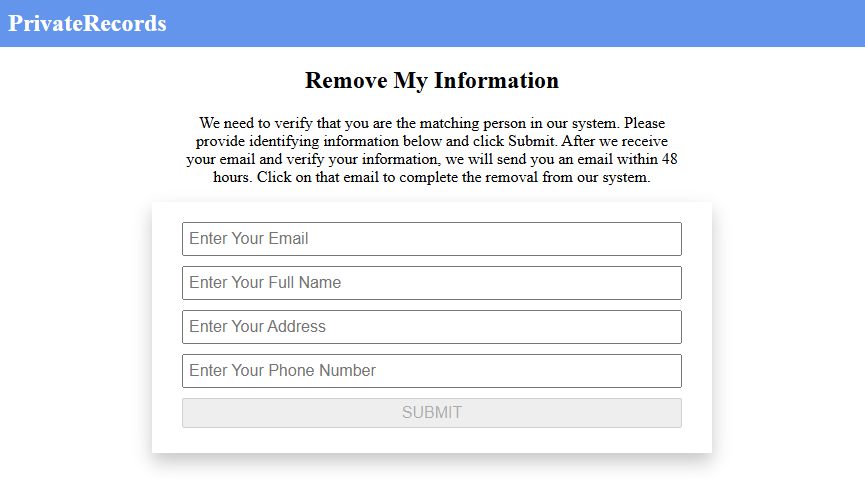 PrivateRecords' verification form asking for an email, full name, address and phone number, with a greyed-out SUBMIT button beneath