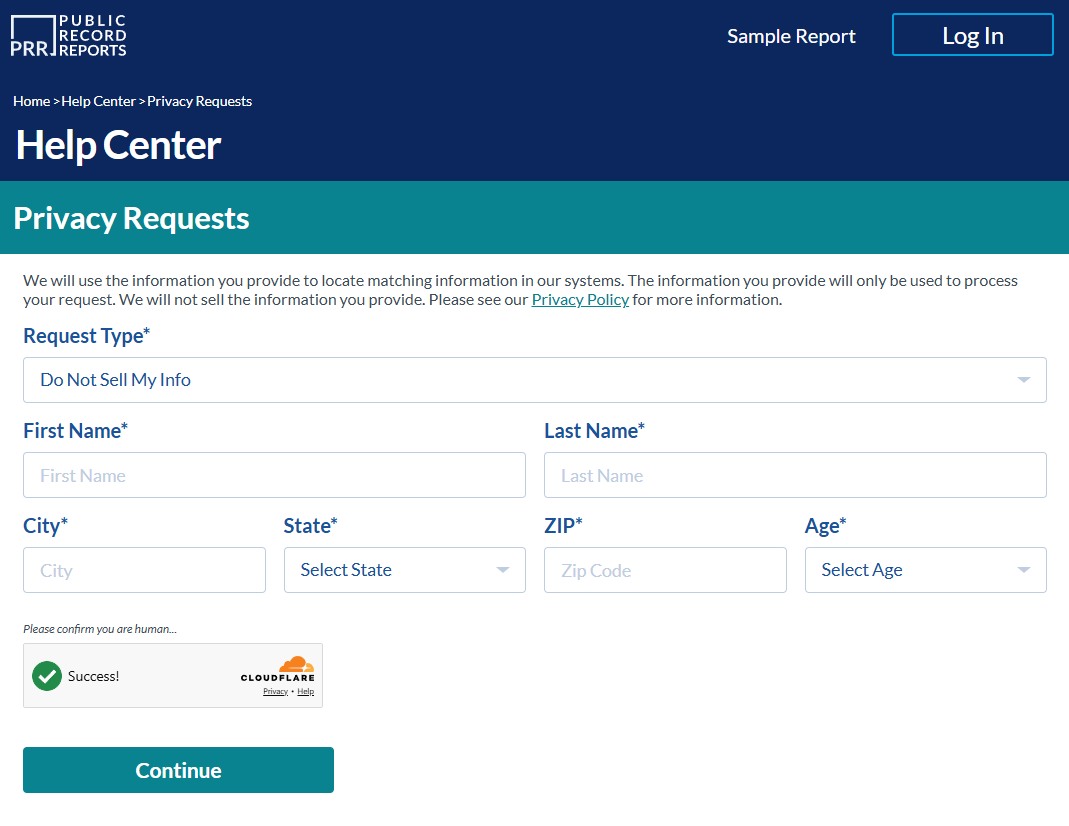 The Privacy Requests page on Public Record Reports, with Request Type set to Do Not Sell My Info above boxes for first name, last name, city, state, ZIP and age, a Cloudflare check and a Continue button.