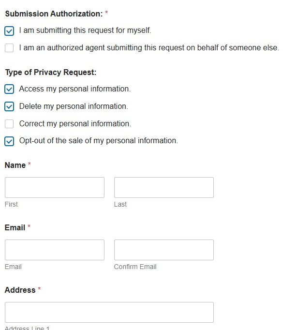 The real USWarrants privacy form with a Submission Authorization section, Type of Privacy Request checkboxes for access, delete, correct and opt-out of sale, and fields for name, email with confirmation, and address