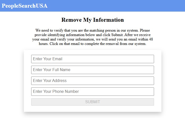 The final People Search USA form, collecting contact details, noting that an emailed link completes the removal