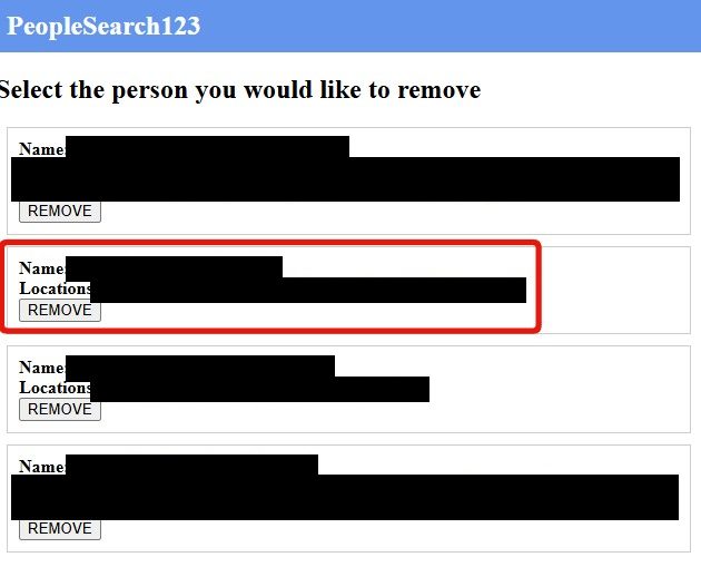 PeopleSearch123 results, candidates listed with ages and past cities beside REMOVE buttons