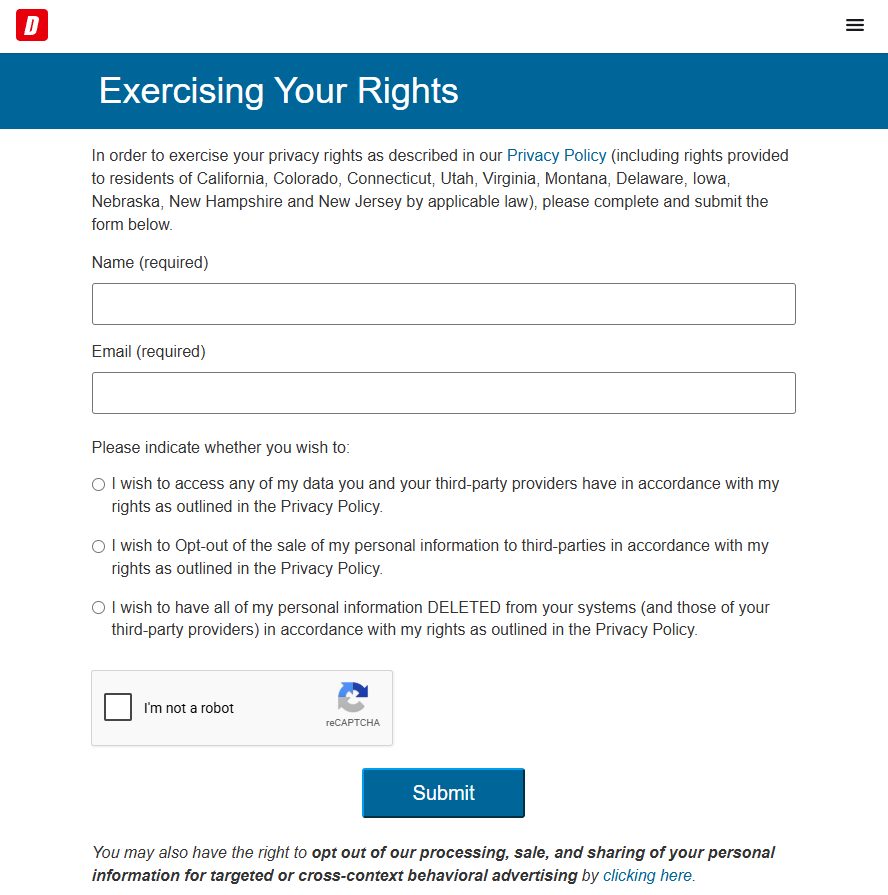Dice's Exercising Your Rights page, showing required Name and Email fields, three radio options for access, opt-out of sale and deletion, a reCAPTCHA checkbox, a Submit button, and a note beneath about a separate advertising opt-out.