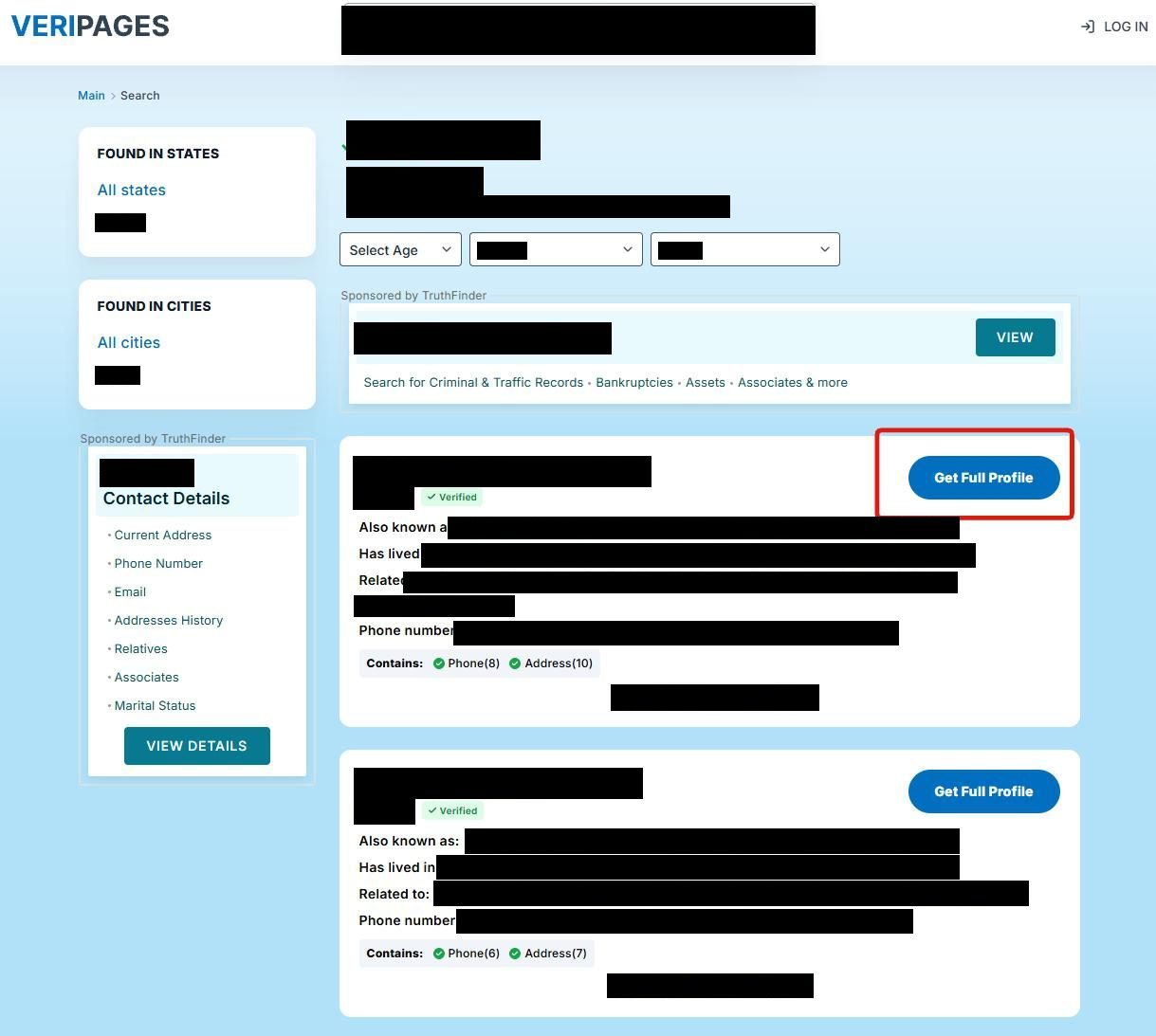 A Veripages results page with every name, age, place, relative and phone number blacked out, along with the searched city and state. Two result cards each carry a Verified tag and a blue Get Full Profile button, the first boxed in red, beside panels marked Sponsored by TruthFinder.