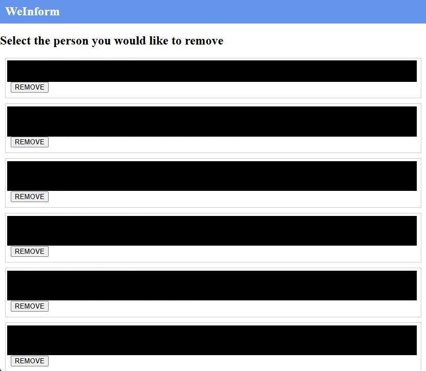 WeInform results page headed 'Select the person you would like to remove', listing candidates with name, age and location history, each with a REMOVE button