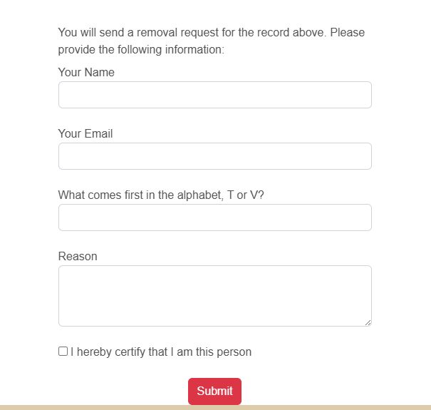 Florida Residents Directory's removal contact form with name and email fields, an alphabet spam question, a reason box, an I-hereby-certify checkbox, and a Submit button