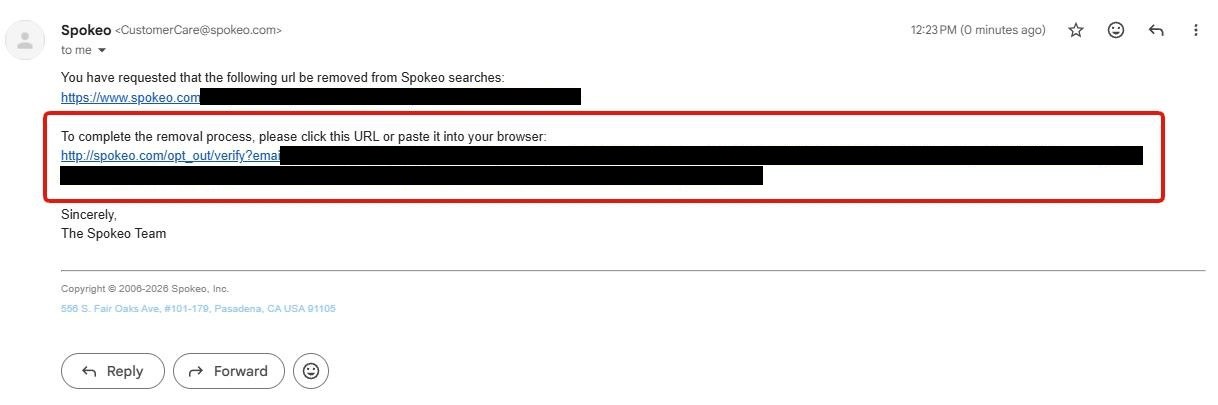 Spokeo confirmation email with a link the recipient must click to finalize the opt-out request.