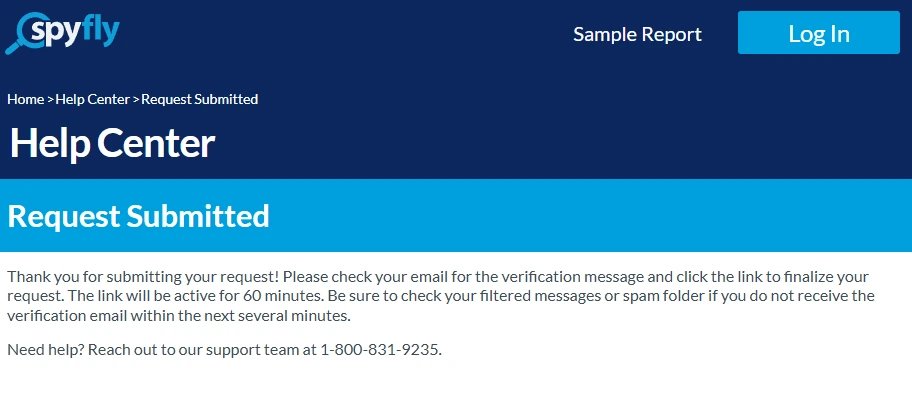 SpyFly's Request Submitted screen telling the reader to click the link in a verification email within 60 minutes to finalize the request