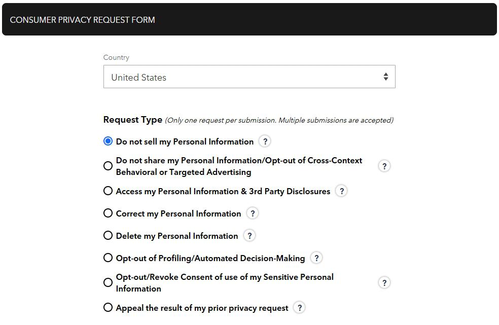 Epsilon Consumer Privacy Request Form with Country dropdown set to 'United States'. Below it, 'Request Type (Only one request per submission. Multiple submissions are accepted)' header followed by 8 radio button options each with a question-mark help icon: (1) Do not sell my Personal Information - currently selected with a filled blue radio; (2) Do not share my Personal Information / Opt-out of Cross-Context Behavioral or Targeted Advertising; (3) Access my Personal Information and 3rd Party Disclosures; (4) Correct my Personal Information; (5) Delete my Personal Information; (6) Opt-out of Profiling / Automated Decision-Making; (7) Opt-out / Revoke Consent of use of my Sensitive Personal Information; (8) Appeal the result of my prior privacy request.