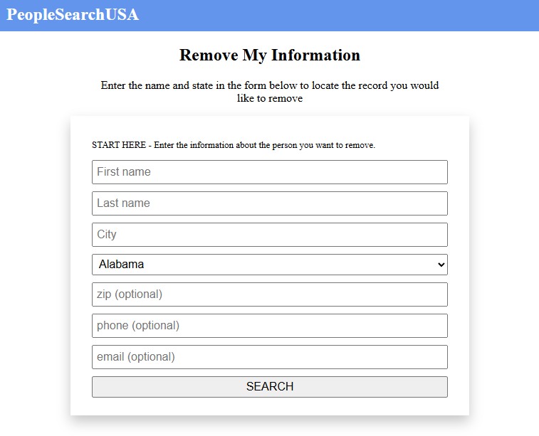 The People Search USA removal search, asking for a name and a location