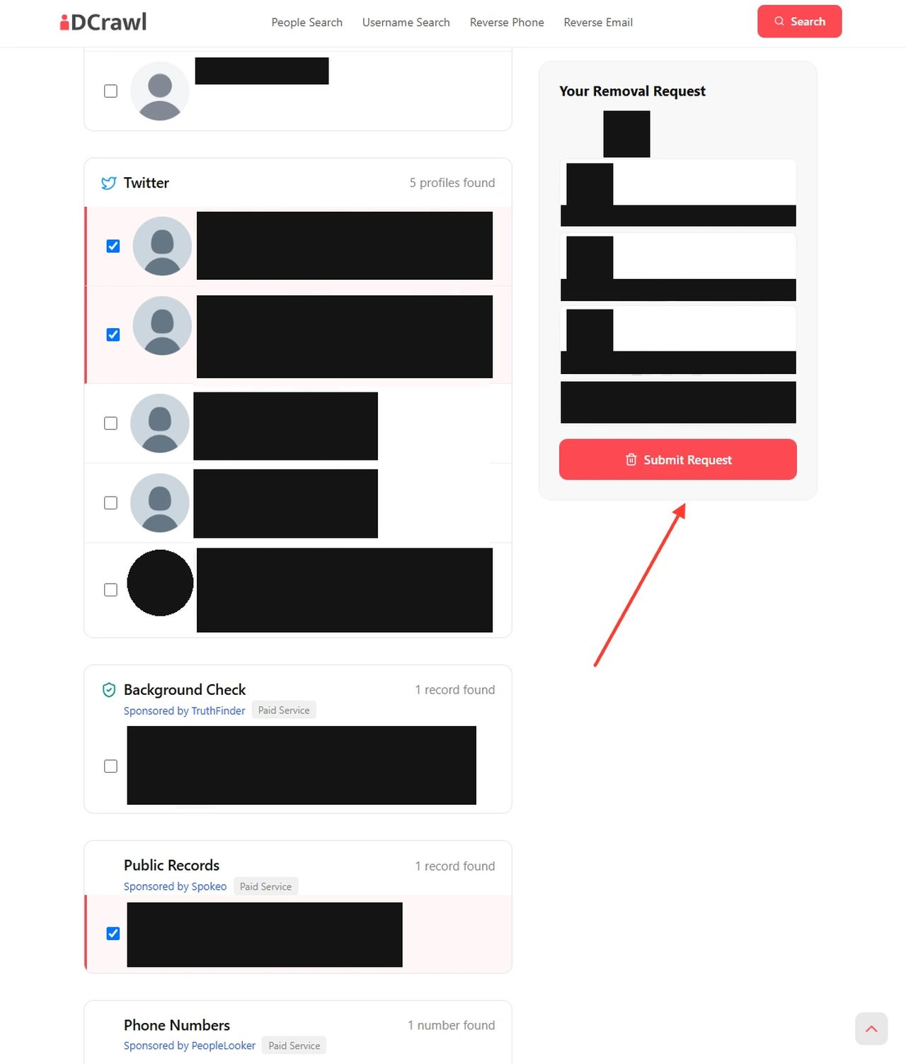 The same page further down, with ticked Twitter and Spokeo rows and an arrow pointing at the Submit Request button under the Your Removal Request panel. Names and details are blacked out.