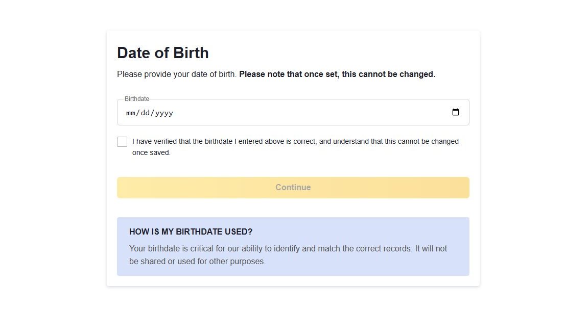 Information.com's Date of Birth screen stating that once set the birthdate cannot be changed, with an empty birthdate box