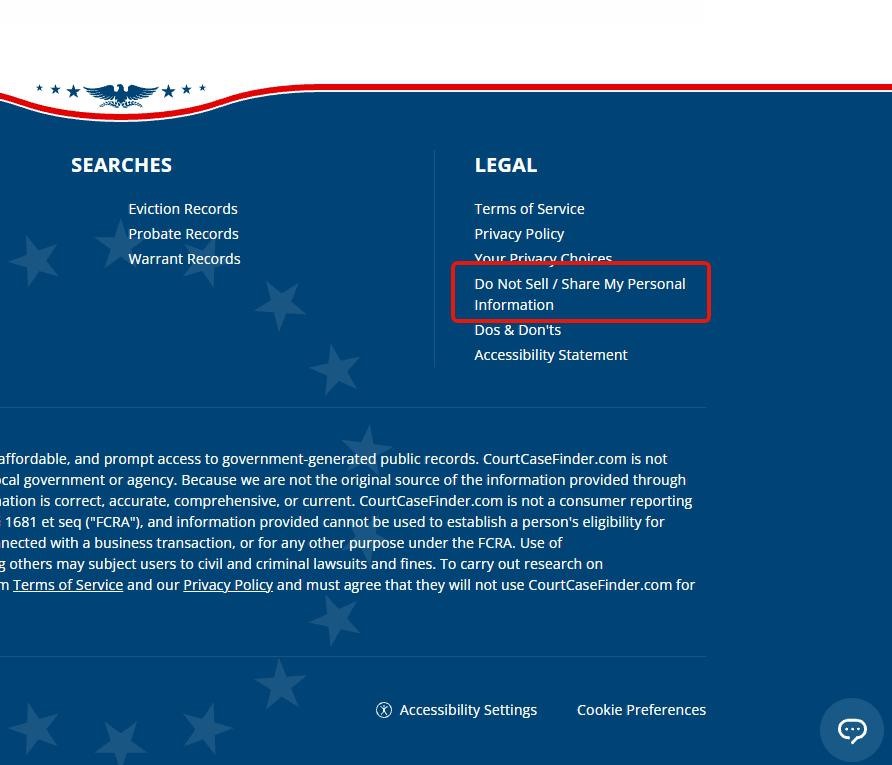 The bottom of a Court Case Finder page. In the Legal column, a red box frames Do Not Sell / Share My Personal Information, which sits between Your Privacy Choices and Dos & Don'ts.