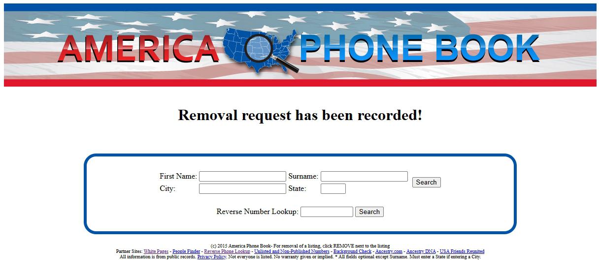 The America Phone Book page after the click, with the words Removal request has been recorded! in large bold type above a blank search form.