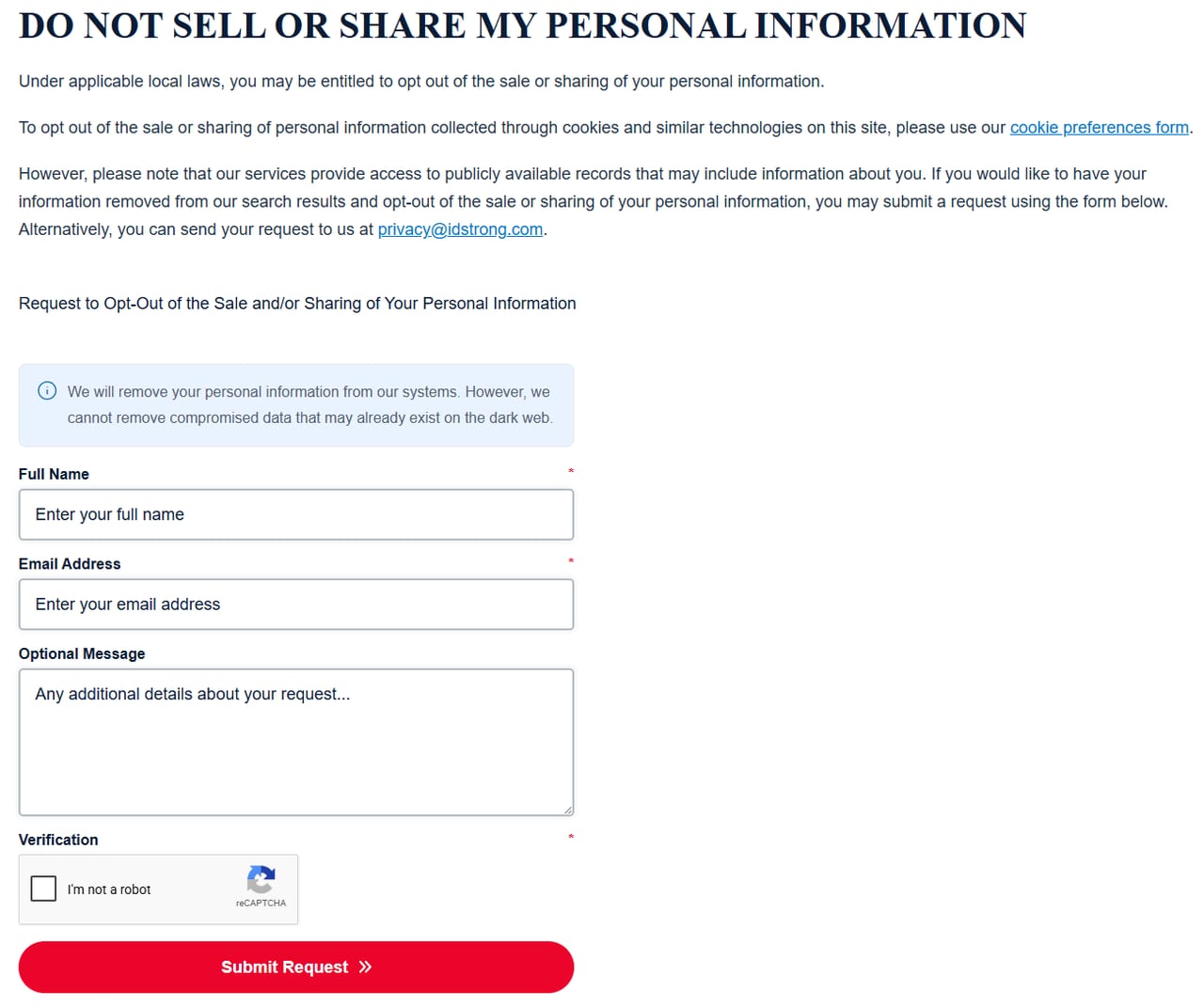 The IDStrong opt-out page. Its removal form asks for Full Name, Email Address and an Optional Message, then shows a reCAPTCHA checkbox and a red Submit Request button.