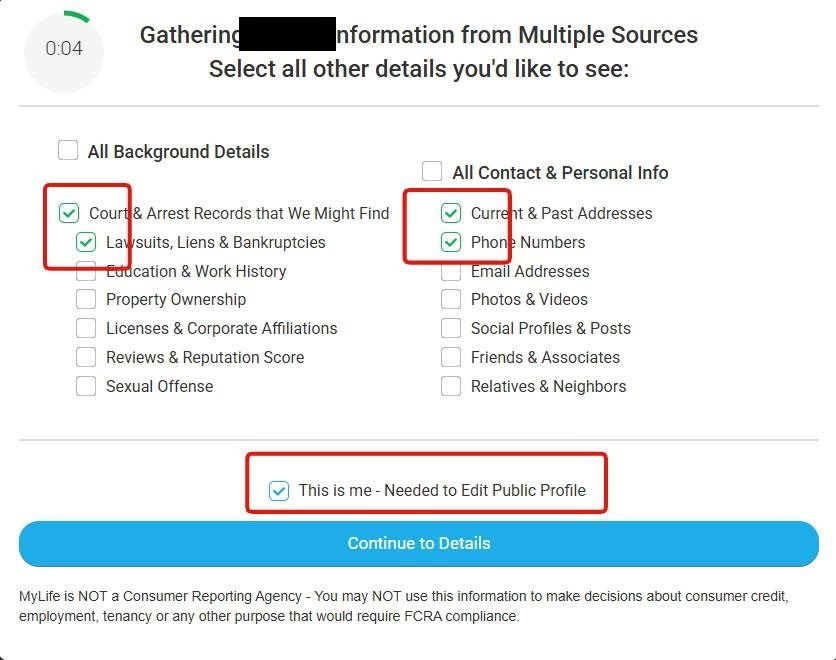 MyLife 'Gathering [name]'s Information from Multiple Sources' page with two columns of data checkboxes (Background Details on left, Contact & Personal Info on right). Court & Arrest Records, Lawsuits/Liens, Current & Past Addresses, and Phone Numbers are ticked. Below is a checkbox 'This is me - Needed to Edit Public Profile' highlighted with a red box, and a blue Continue to Details button.