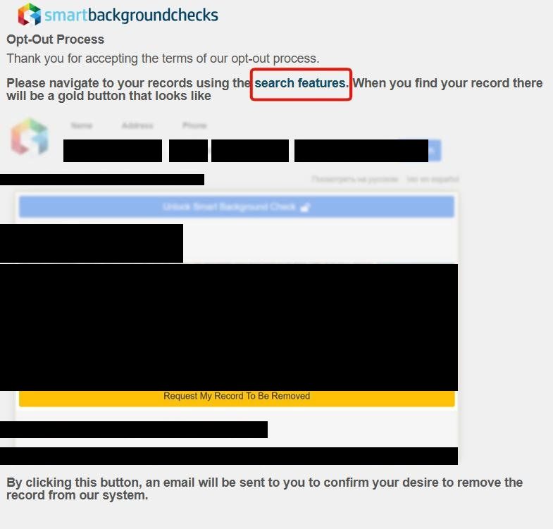SmartBackgroundChecks 'Opt-Out Process' interstitial page reading 'Thank you for accepting the terms of our opt-out process. Please navigate to your records using the search features.' The phrase 'search features' is hyperlinked and highlighted with a red box. Below sits an illustration of the search interface (Name / Address / Phone tabs with John / MI / smith / Racine, WI sample input and a blue Search button) and an example result for John Q Public in Racine, WI with a gold 'Request My Record To Be Removed' button - a preview of what you'll see in the real search.