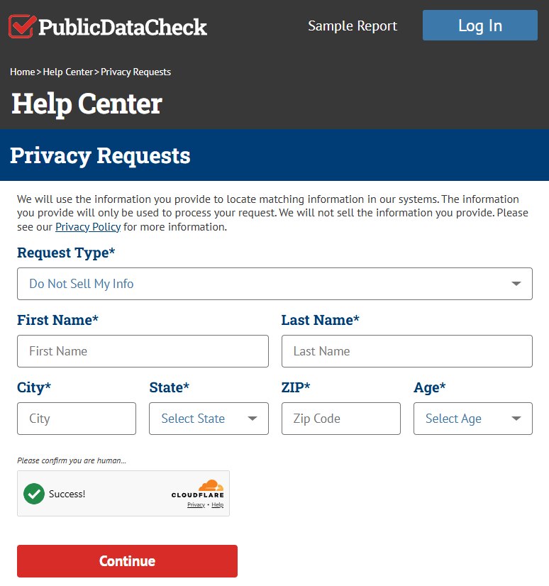 Public Data Check's Privacy Requests form, Request Type on Do Not Sell My Info, the six mandatory boxes (name, city, state, ZIP, age), Cloudflare, and Continue.