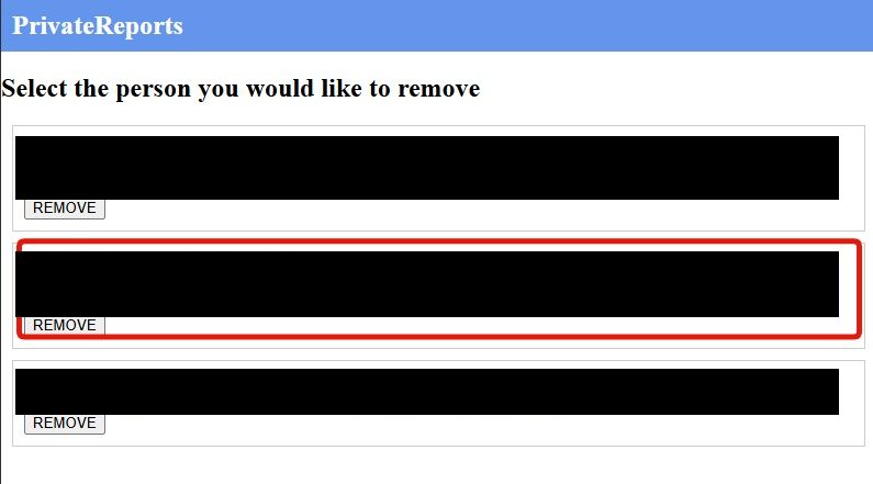 PrivateReports results page headed 'Select the person you would like to remove', listing candidates with name, age and location history, each with a REMOVE button; the matching record is highlighted