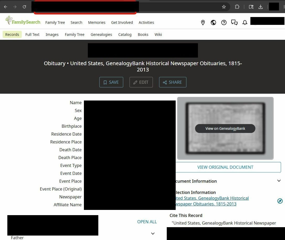 FamilySearch obituary record page, with the browser address bar at top highlighted with a red box; the record URL in the bar, the person's name, the record values and the signed-in account name are all blacked out. Page sub-nav shows Records (highlighted), Full Text, Images, Family Tree, Genealogies, Catalog, Books, Wiki tabs. The record card shows the collection 'Obituary - United States, GenealogyBank Historical Newspaper Obituaries, 1815-2013', and SAVE / EDIT / SHARE buttons. The left column lists name, sex, age, birthplace, residence date, residence place, death date, death place, event type, event date, event place, newspaper, and affiliate name fields. The right column shows a blurred document preview with a 'View on GenealogyBank' button and a VIEW ORIGINAL DOCUMENT button.