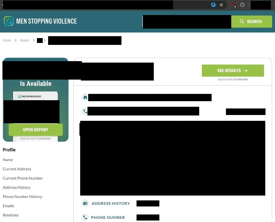 A profile page on the site with the browser address bar highlighted in red, showing a URL of the form menstoppingviolence.org/people/name/long-id