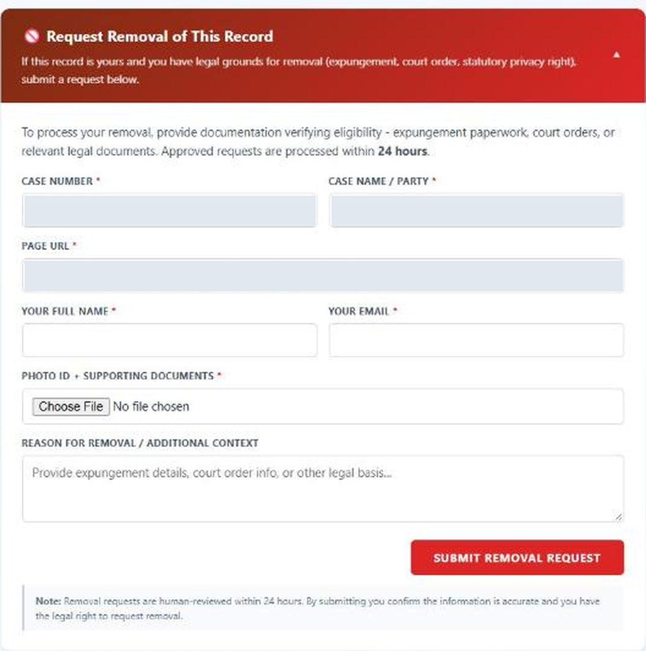 Open removal form with Case Number, Case Name and Page URL covered, and empty fields for full name, email, a file upload and a reason