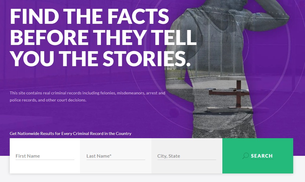 NKReeGer's homepage with a purple hero reading 'Find the facts before they tell you the stories' over a search bar with First Name, Last Name, and City, State fields