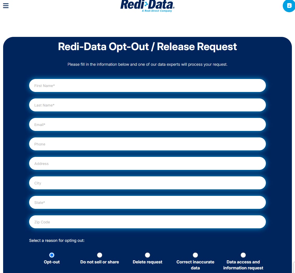 Redi-Data's Opt-Out / Release Request form, showing First Name, Last Name, Email, Phone, Address, City, State and Zip Code fields, then a row of five reason radio buttons with Opt-out already selected.