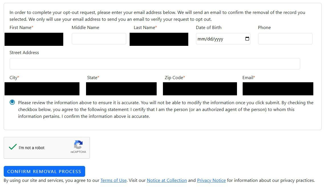 Identity form with First Name, Middle Name, Last Name, Date of Birth, Phone, Street Address, City, State, Zip Code, and Email fields. Required fields are marked with red asterisks. The Confirm Removal Process button sits below the I am not a robot CAPTCHA.