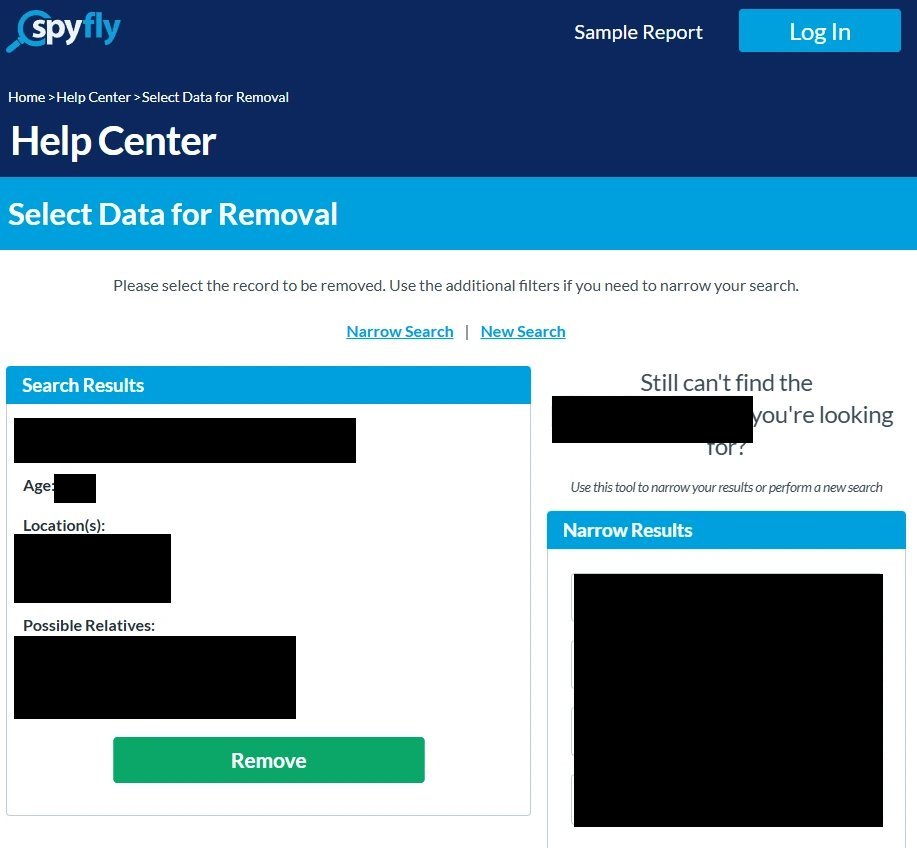 SpyFly's Select Data for Removal screen showing one search result card with its details covered and a green Remove button, beside a Narrow Results panel