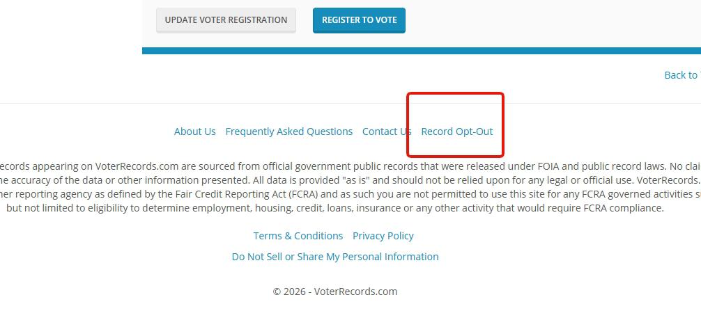 The bottom of a VoterRecords record page. A footer row reads About Us, Frequently Asked Questions, Contact Us and Record Opt-Out, with Record Opt-Out outlined in red above the site's FCRA disclaimer.