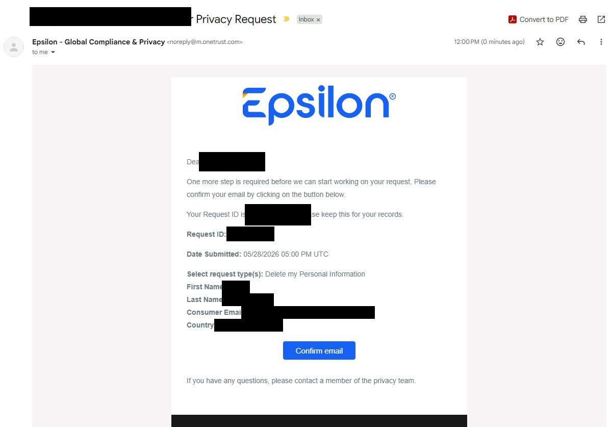 An email from Epsilon - Global Compliance & Privacy at noreply@m.onetrust.com. Subject line reads '(Request ID: [redacted]) Your Privacy Request.' Email body has an Epsilon logo at the top, then 'Dear [name]' and text reading: 'One more step is required before we can start working on your request. Please confirm your email by clicking on the button below. Your Request ID is [ID], please keep this for your records.' Below that the Request ID, Date Submitted (05/28/2026 05:00 PM UTC), selected request types (Delete my Personal Information), First Name, Last Name, Consumer Email, and Country are listed. At the bottom sits a navy 'Confirm email' button.